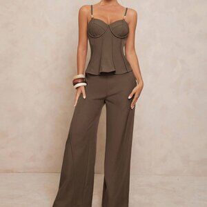 Brown Elegant Women's Beaded Strap Decor Loose Top And Wide Leg Pants Suit Set